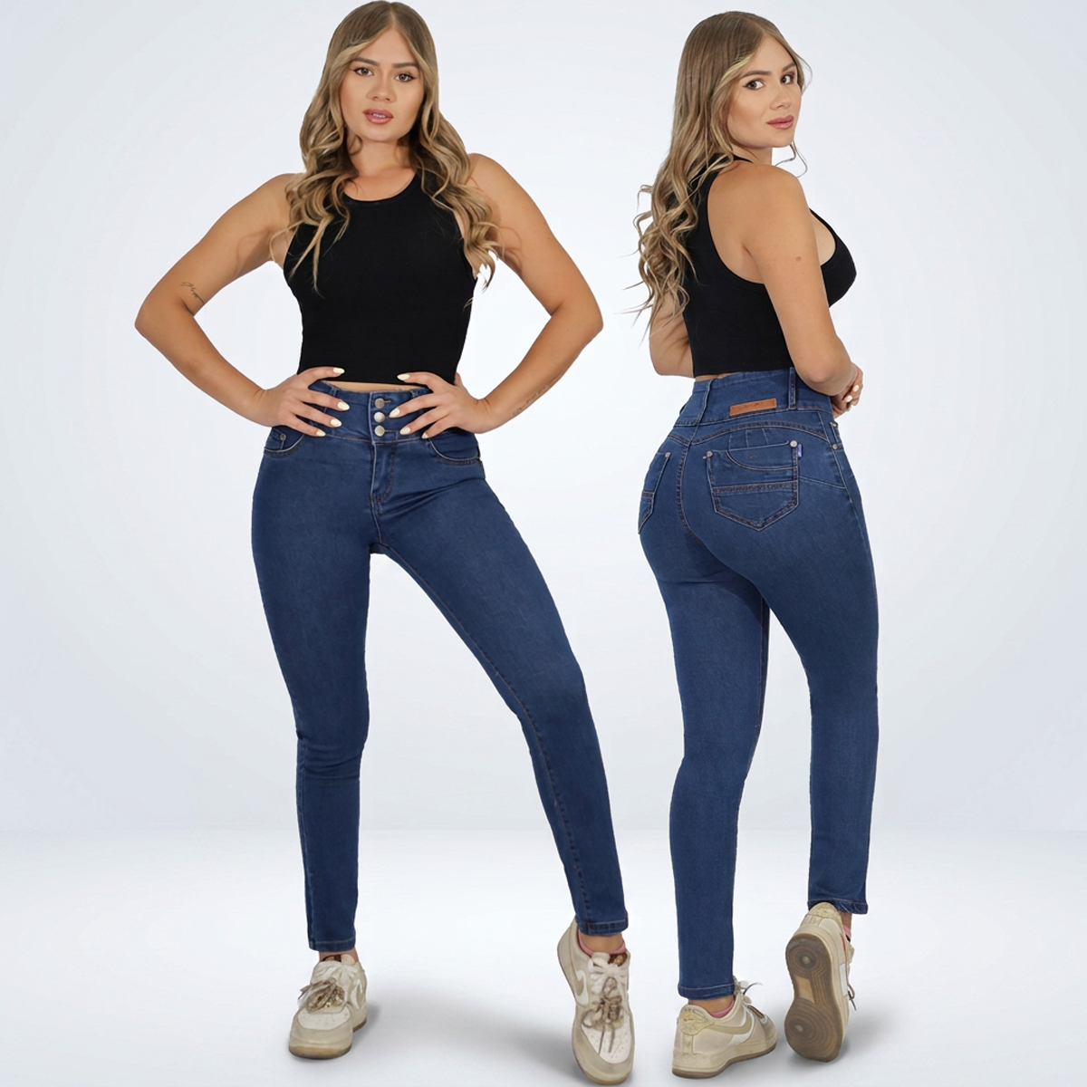 Jeans Pitillo Full Push Up Levanta Cola Corte Colombiano Azul Oxford