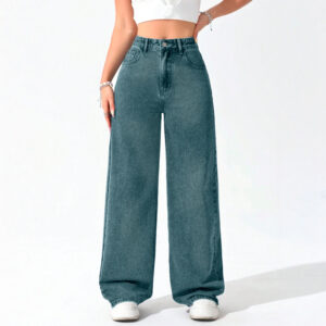 Jeans Wide Leg Palazzo Elasticado Tiro Alto Push Up Oversize Azul Petróleo