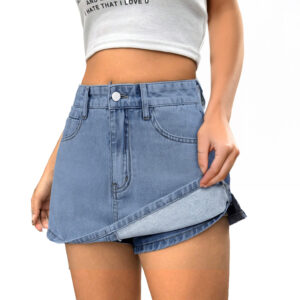 Falda Short Jeans Mezclilla Full Elasticada Tiro Alto Denim Celeste
