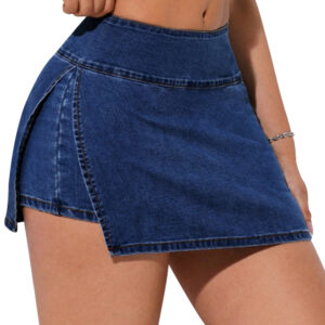Falda Short Jeans Mezclilla Full Elasticada Tiro Alto Pretina Alta Azul