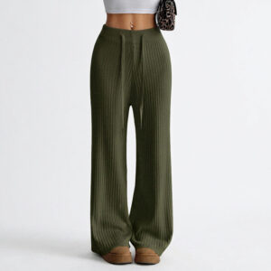 Pantalón Lanilla Chiporro Palazzo Elasticado Wide Leg - Verde Oliva