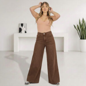 Jeans Wide Leg Palazzo Elasticado Tiro Alto Oversize Push Up Chocolate